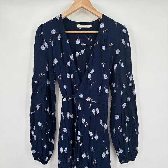 Christy Dawn Bergen Dress Midnight Rose Navy Blue Floral Wrap Midi Long Sleeve L - Picture 2 of 7